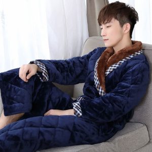 Peignoir hiver homme<br> bleu à col brun