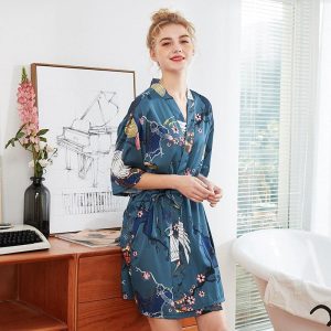 Veste Peignoir Satin Oiseau