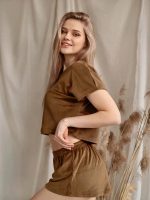 Pyjama deux pièces en Satin T-shirt + Short "Marron"