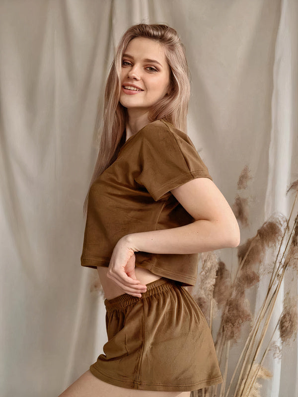 Pyjama deux pièces en Satin T-shirt + Short "Marron"