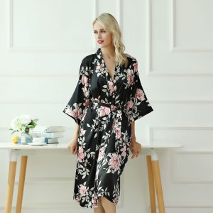 Peignoir Satin Femme Fleur Noire